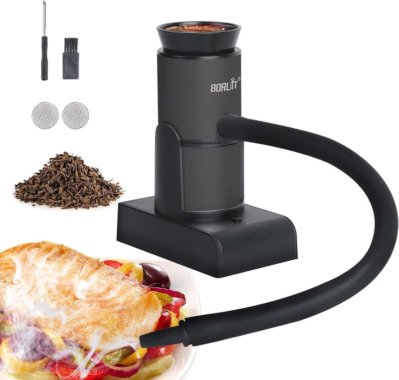 BORUIT مسدس دخان الكوكتيل يشمل رقائق الخشب والإكسسوارات، مدخن مشروبات محمول، مجموعة مدخن دخان داخلي للكوكتيلات، اللحم، الشواء، الجبن، الخضار وسو فيد (أسود) - Image 1